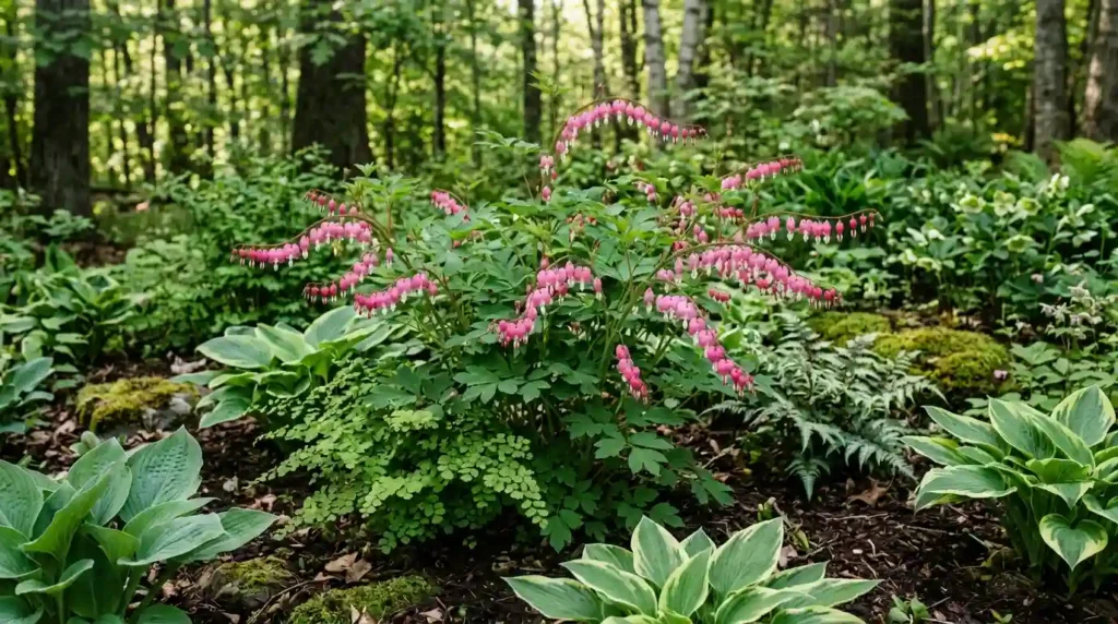 Bleeding heart plant growing in a shaded woodland garden alongside hostas and ferns in spring