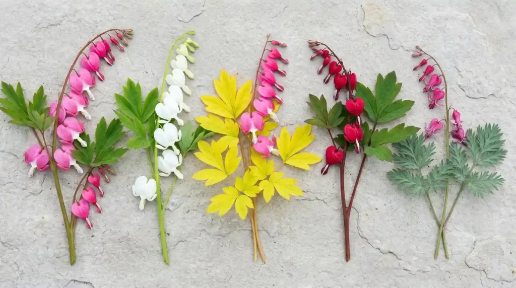 Different bleeding heart plant varieties including pink, white, red and golden foliage cultivars displayed together