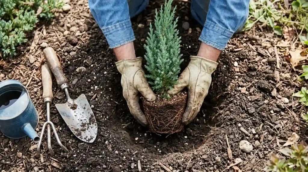Gardener planting a young juniper seedling in well-draining garden soil with root ball visible and garden tools nearby
