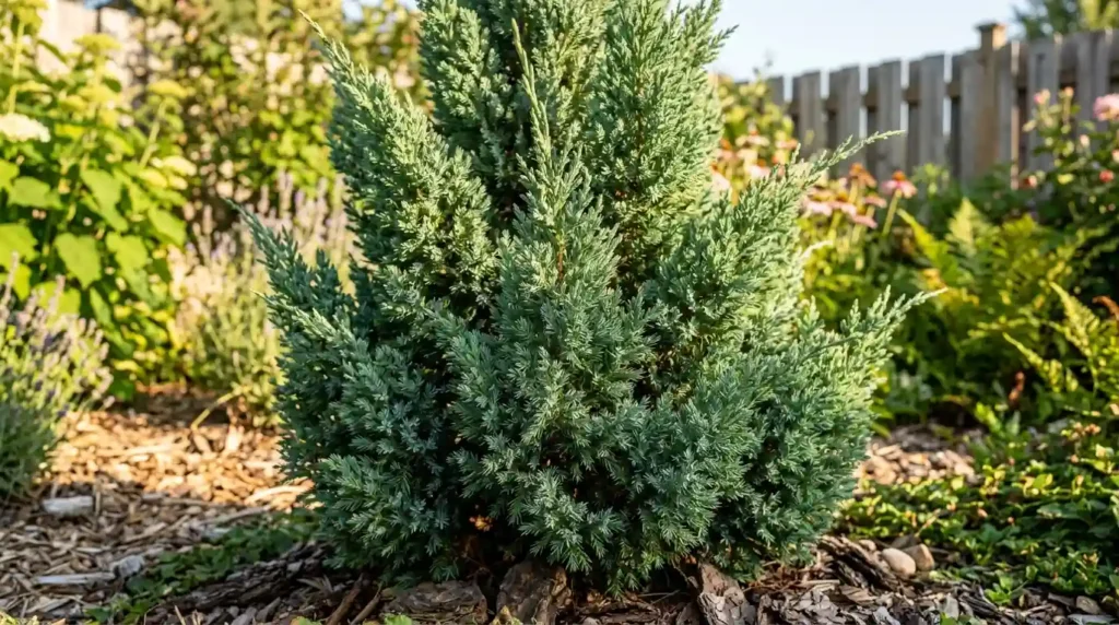 Blue point juniper with dense blue-green pyramidal foliage growing in a sunny backyard garden