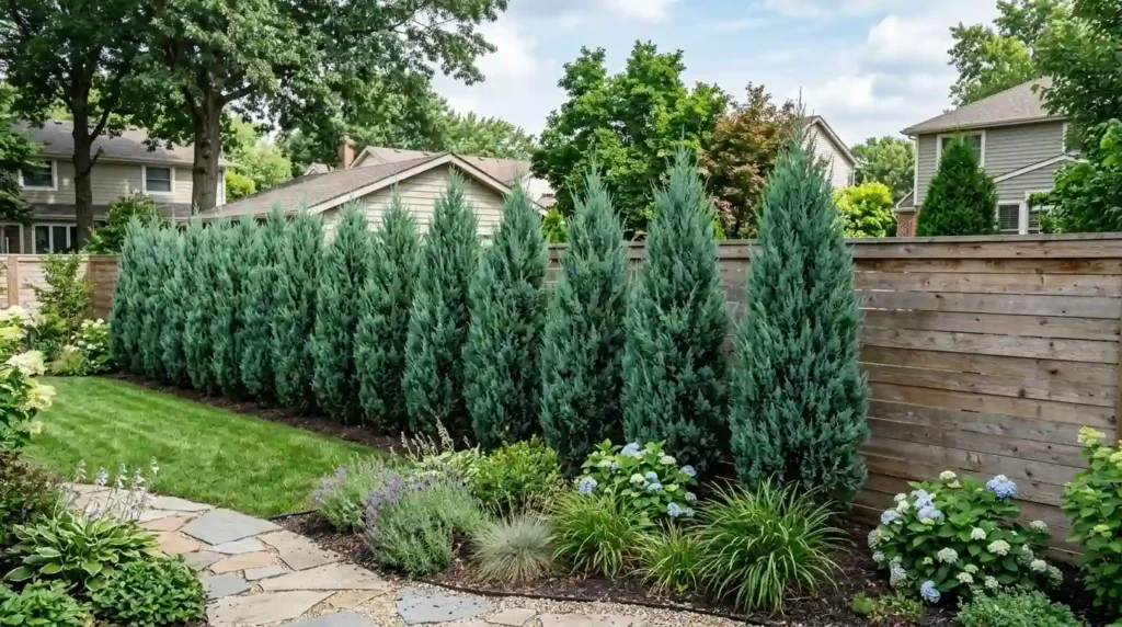 A row of blue point juniper trees planted as a privacy hedge along a wooden fence in a suburban garden