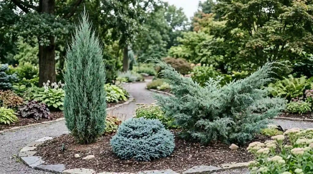 Three Juniperus chinensis blue point juniper cultivars growing in a garden showing different shapes — columnar, compact, and spreading