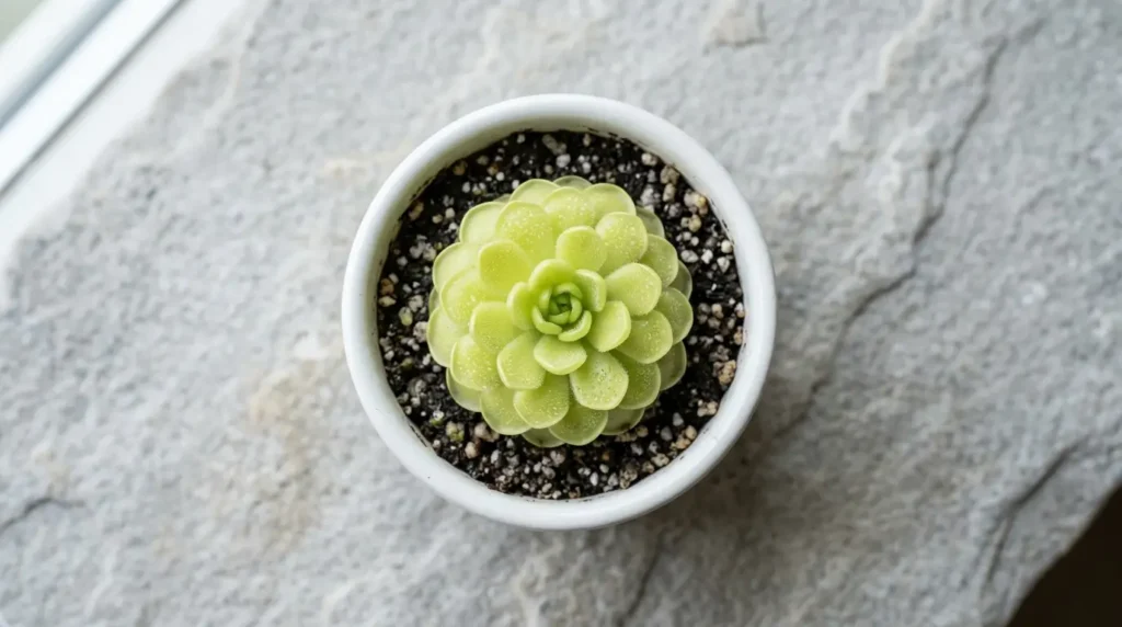 Small carnivorous plant in a white ceramic pot with pale green sticky rosette leaves on a grey stone surface