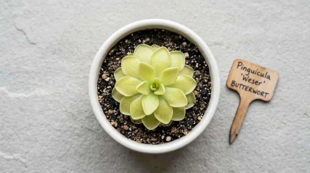 Butterwort plant in a white pot showing pale green sticky rosette leaves