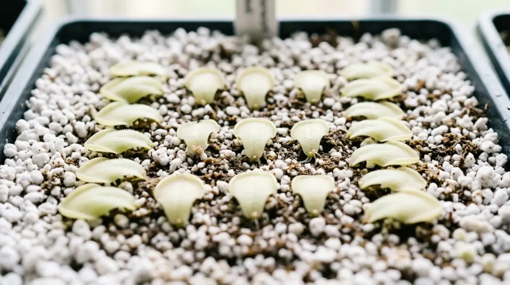 Butterwort plant leaf pullings laid on moist perlite and peat moss for propagation