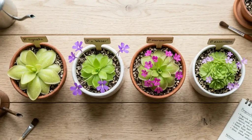 Four butterwort plant varieties including Pinguicula moranensis and Mexican species displayed in small pots