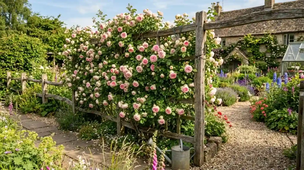 Eden rose climbing on a wooden trellis covered in pink and cream blooms