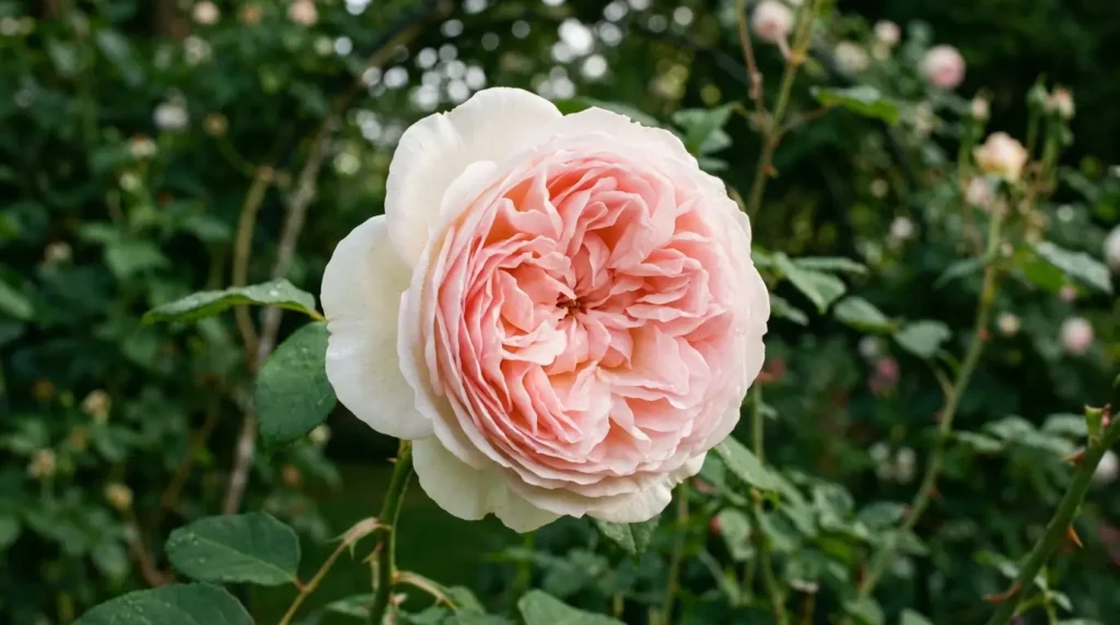 Large cupped creamy white and pink climbing rose bloom with dense layered petals