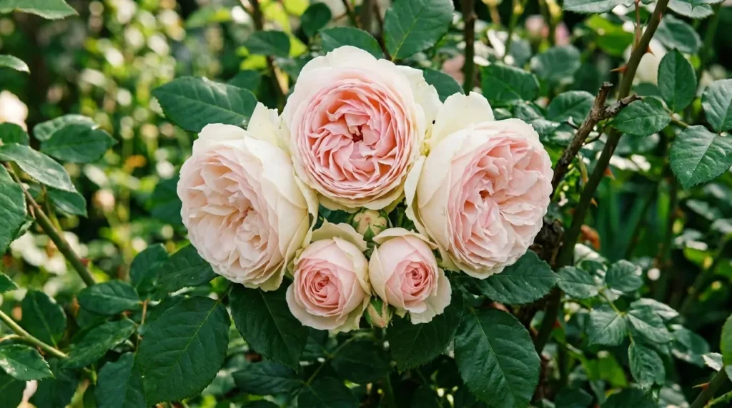 Cluster of Eden rose (Pierre de Ronsard) cupped pink and white blooms in garden