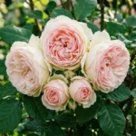 Cluster of Eden rose (Pierre de Ronsard) cupped pink and white blooms in garden