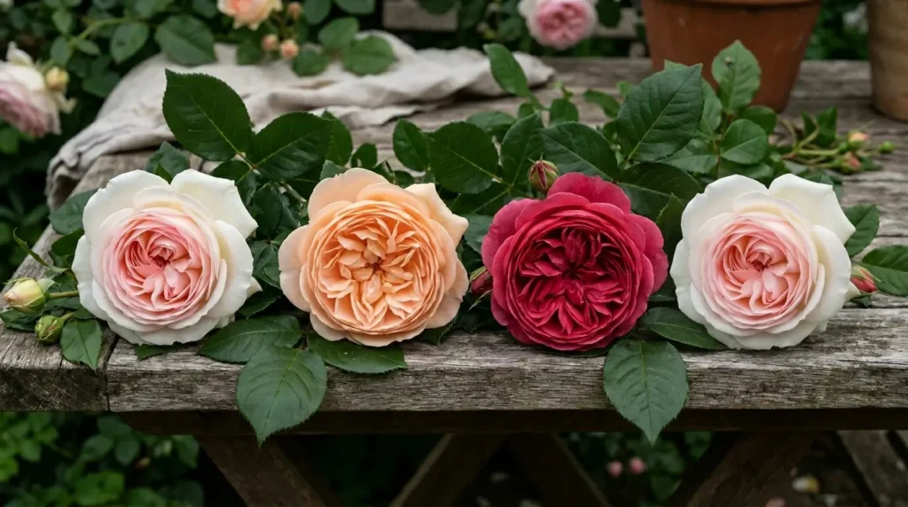 Four Eden rose varieties including Pierre de Ronsard in pink, peach and red blooms