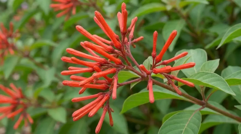 Close-up of firebush plant care tubular orange-red flower clusters with yellow stamens