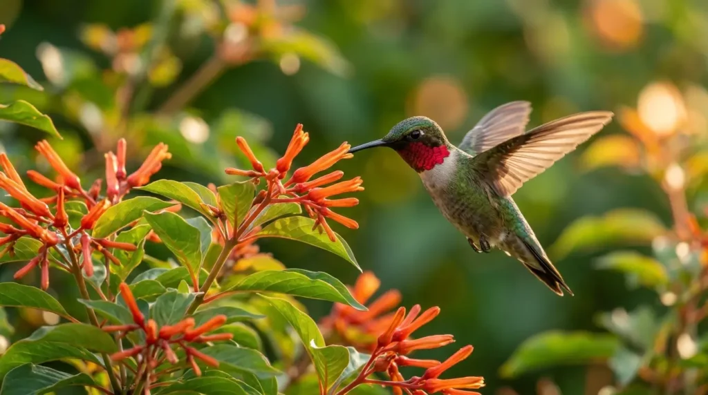 Ruby-throated hummingbird feeding on tubular orange-red Hamelia patens flowers in garden