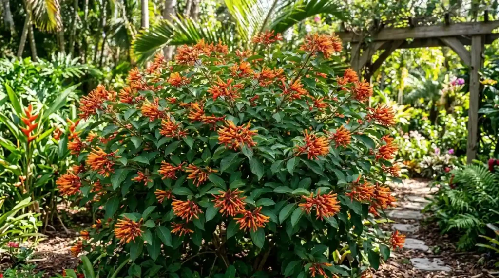 Firebush plant in full bloom with orange-red tubular flowers in a sunny garden
