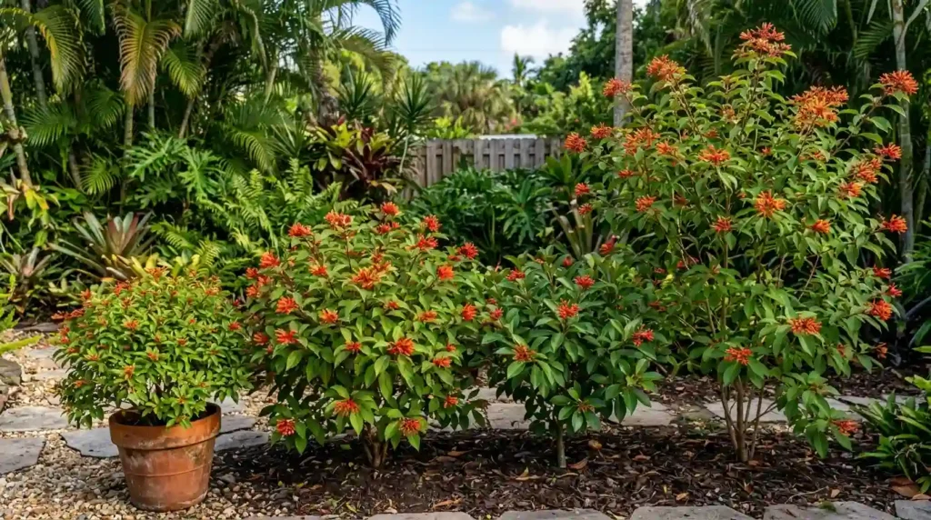 Different firebush plant varieties including Compacta, Tropic Fire and Mexican firebush growing in a garden