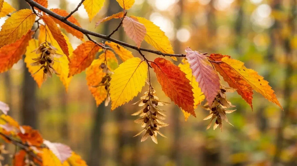 American hornbeam tree leaves displaying yellow and orange fall foliage colors