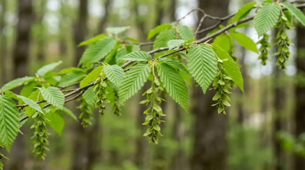 American hornbeam tree branch with doubly serrated green leaves