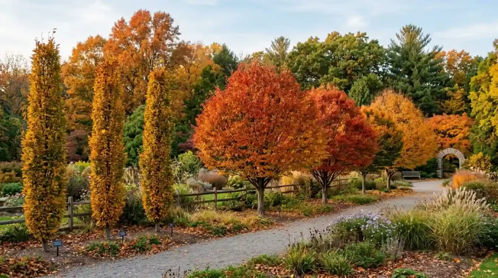 Different American hornbeam tree cultivars showing upright and oval growth habits with fall color