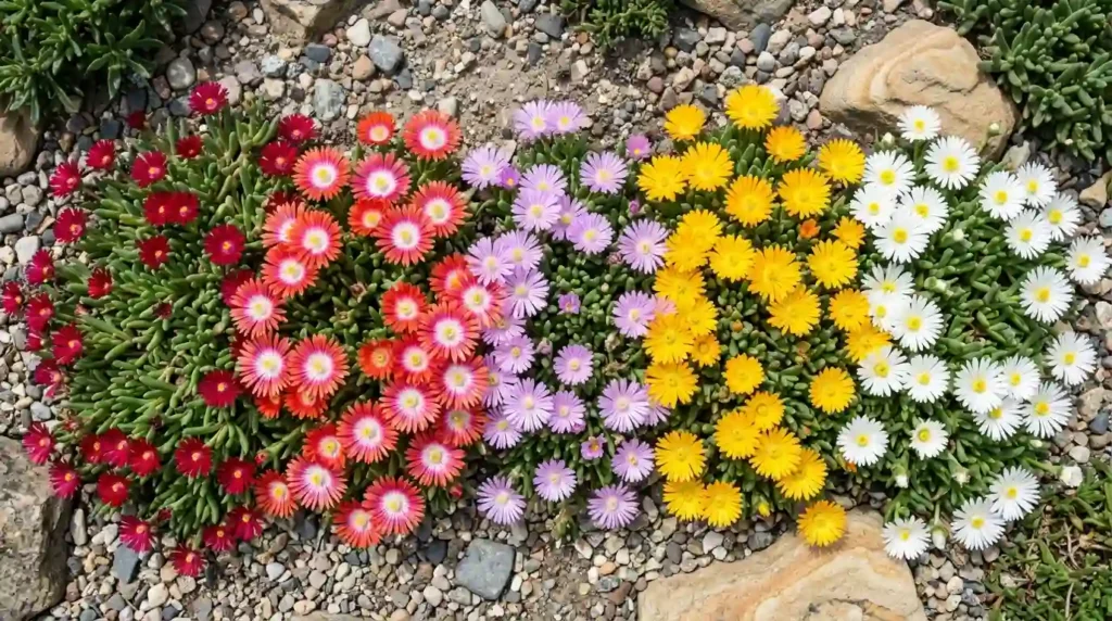 Types of ice plant five Delosperma varieties including magenta, tricolor, lavender, yellow, and white blooms in a rock garden