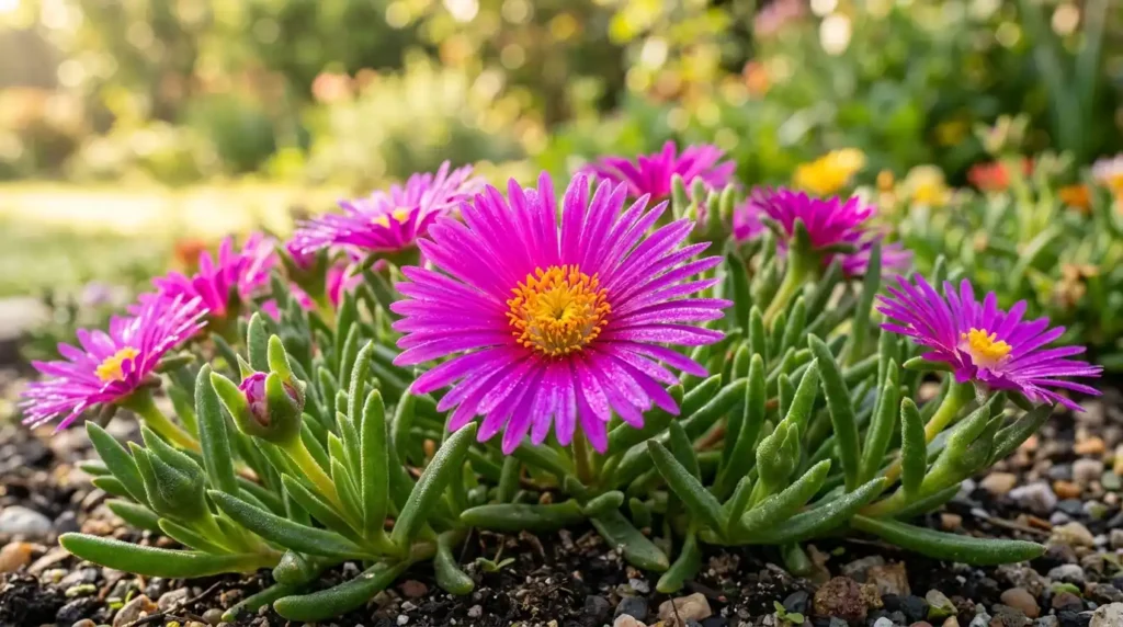Ice plant care — close-up of Delosperma hot pink daisy-like flowers with yellow centers blooming in a sunny garden