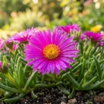 Ice plant care — close-up of Delosperma hot pink daisy-like flowers with yellow centers blooming in a sunny garden
