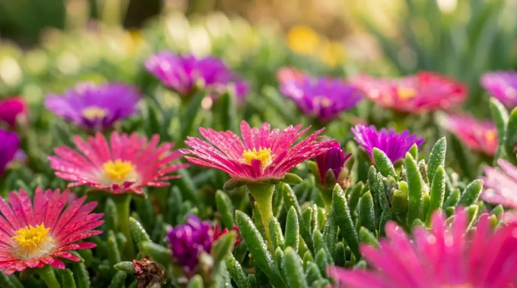 Dense carpet of Delosperma magenta and purple daisy-like flowers covering sandy rocky ground in bright sunlight