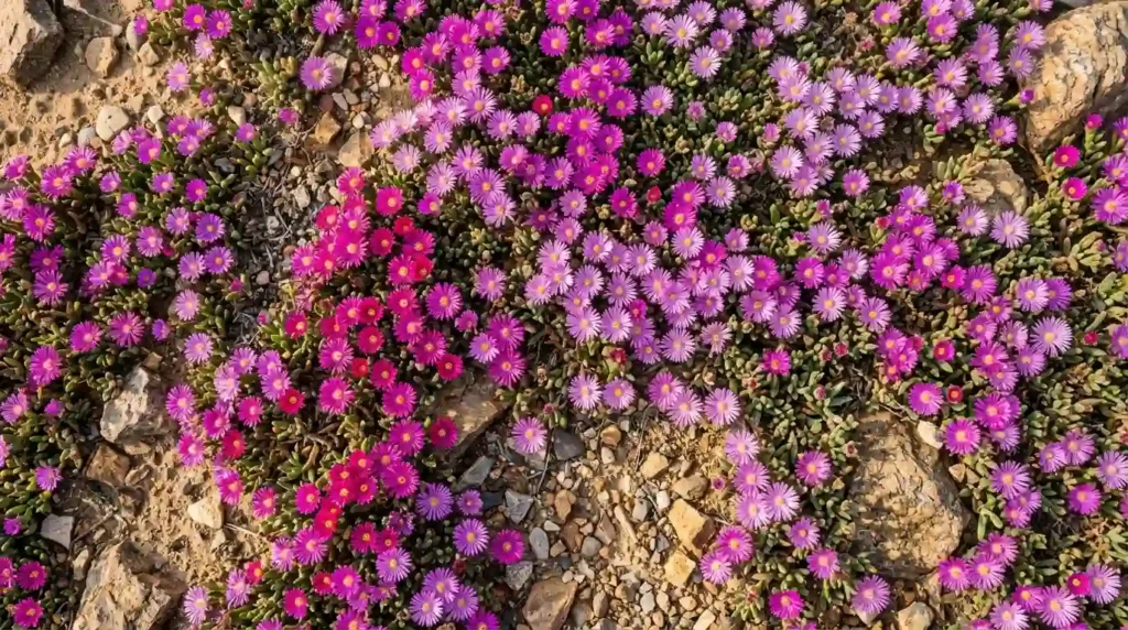 Ice plant care Delosperma in full bloom with vivid magenta flowers covering a sunny rock garden