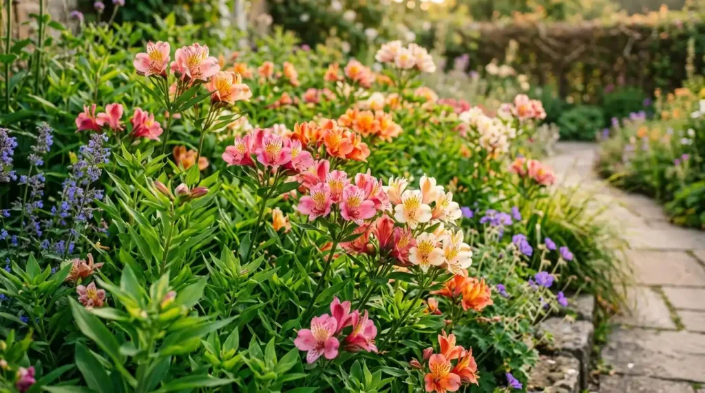 Colorful inca lily plants blooming in a sunny garden border