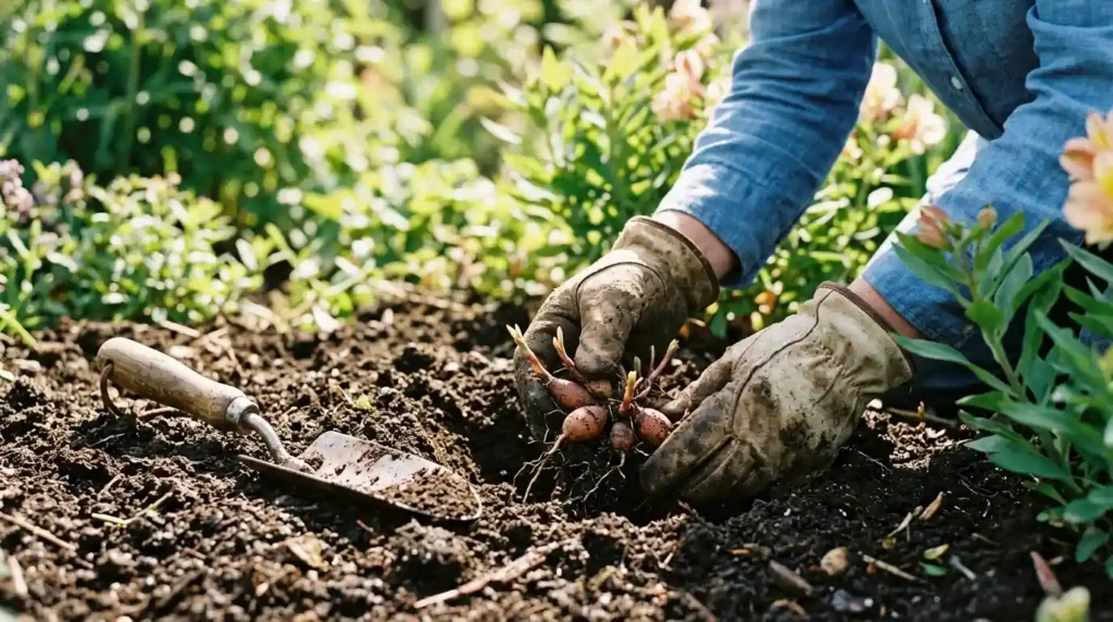 Gardener planting Alstroemeria tubers in rich soil