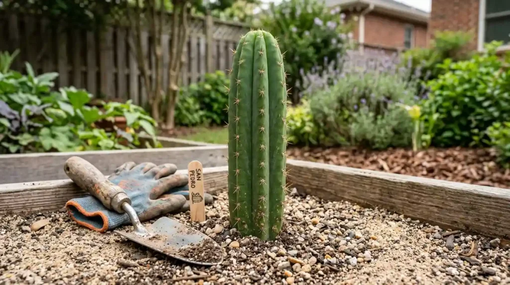 Young San Pedro cactus planted in sandy well-draining soil in a home garden bed