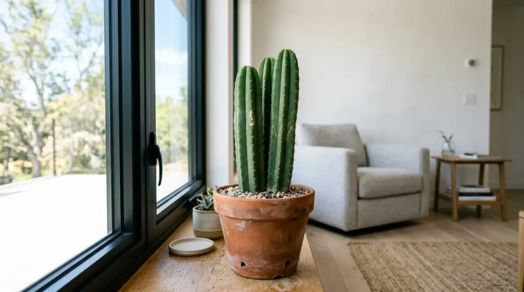 Kaktus san pedro growing in a terracotta pot indoors near a sunny window