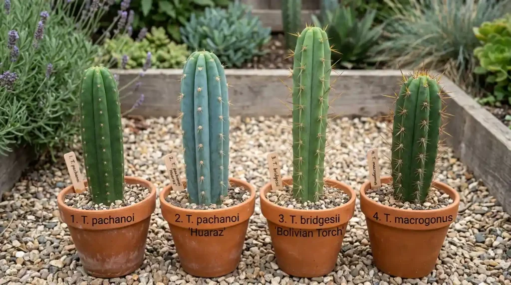 Different types and varieties of kaktus san pedro side by side in a home garden