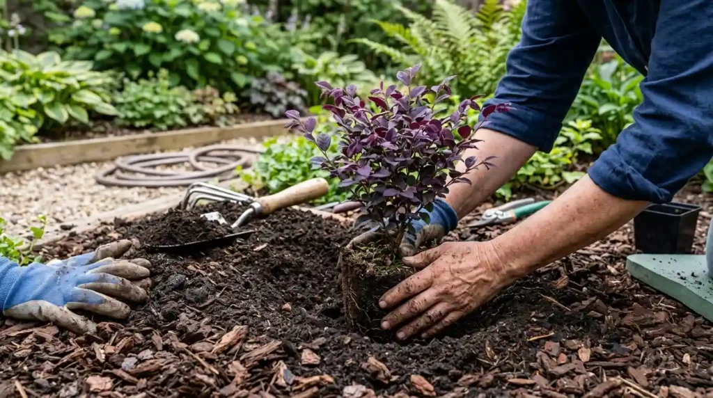 Gardener planting a young loropetalum shrub with purple leaves into rich dark amended soil