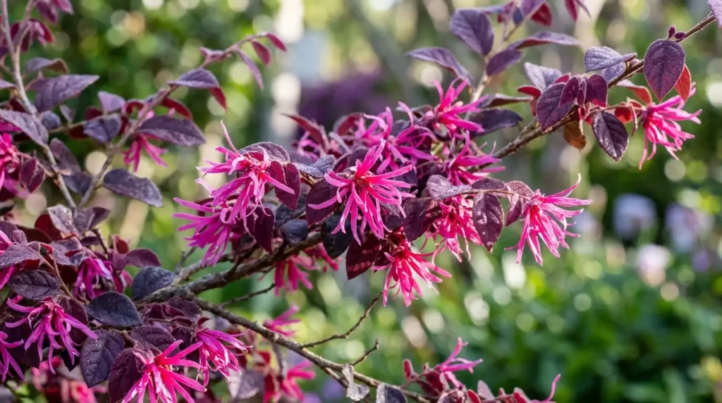 Loropetalum Chinese fringe flower with deep burgundy foliage and pink ribbon-like blooms in morning sunlight