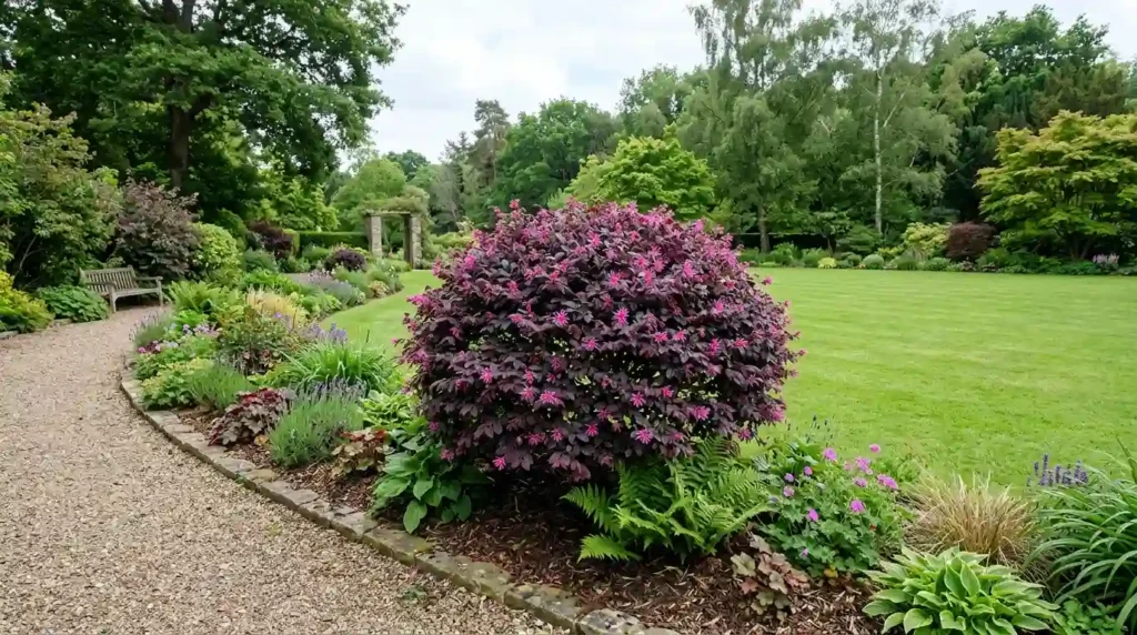 Loropetalum Chinese fringe flower shrub with dark purple foliage growing along a sunny garden border