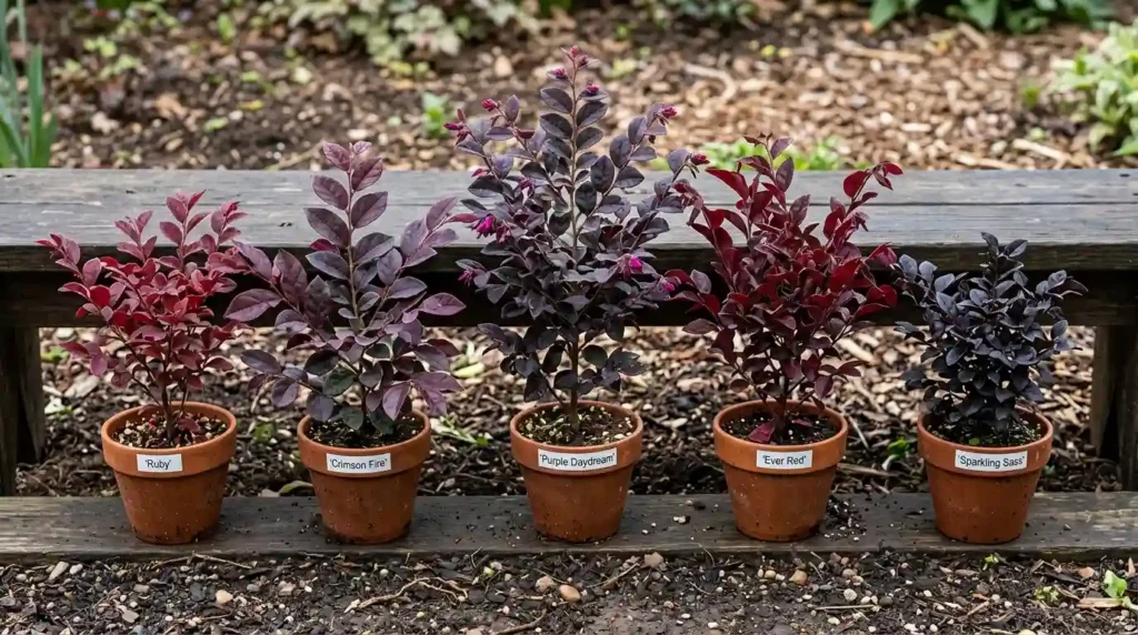 Five popular Loropetalum varieties including Plum Delight, Crimson Fire, Purple Pixie, Zhuzhou Fuchsia and Ever Red displayed side by side showing foliage color differences