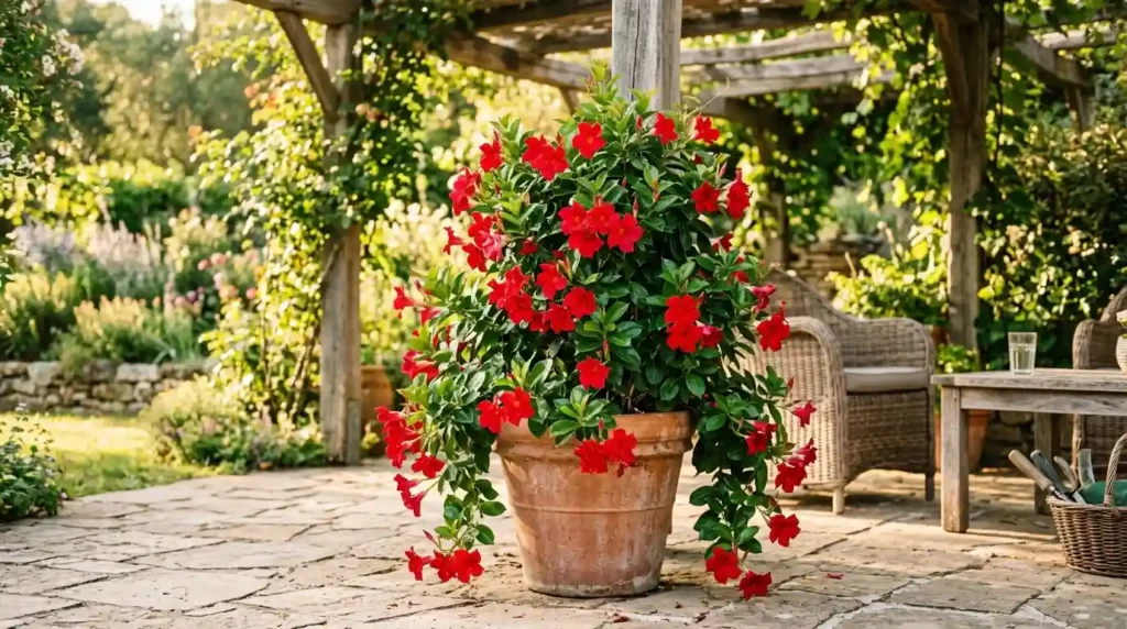 Vibrant red trumpet-shaped flowers cascading from a terracotta container on a sunny patio