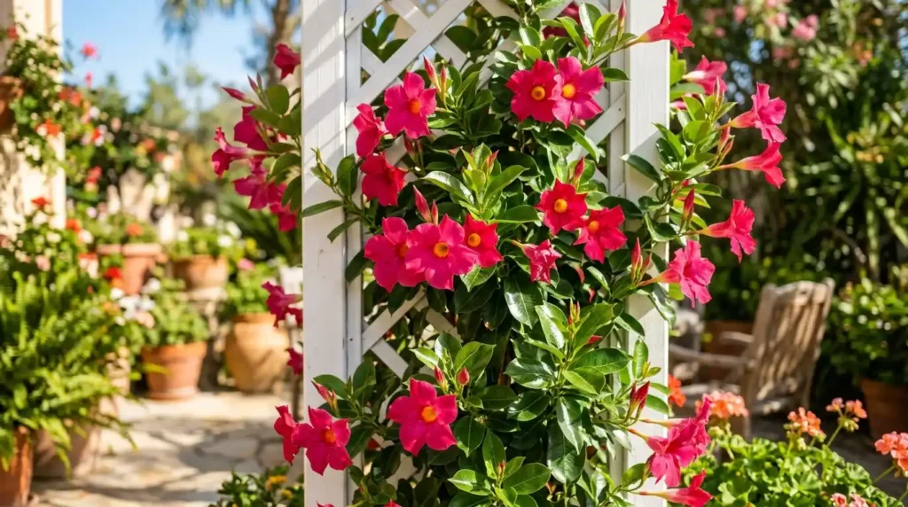 Mandevilla plant with deep pink trumpet-shaped flowers climbing a white garden trellis in full sun
