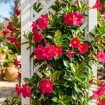 Mandevilla plant with deep pink trumpet-shaped flowers climbing a white garden trellis in full sun