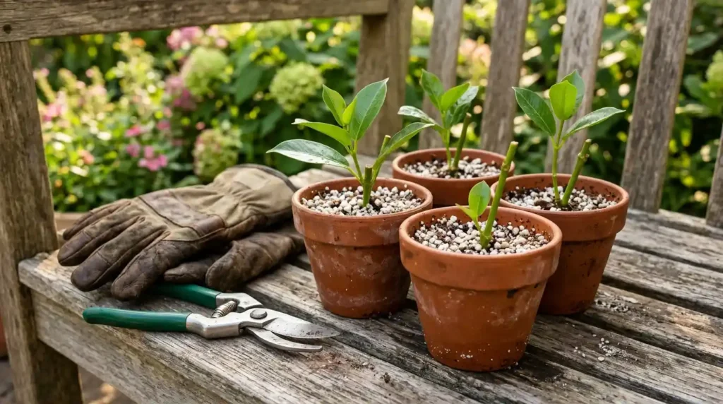Mandevilla plant stem cuttings placed in small terracotta pots with perlite mix for propagation