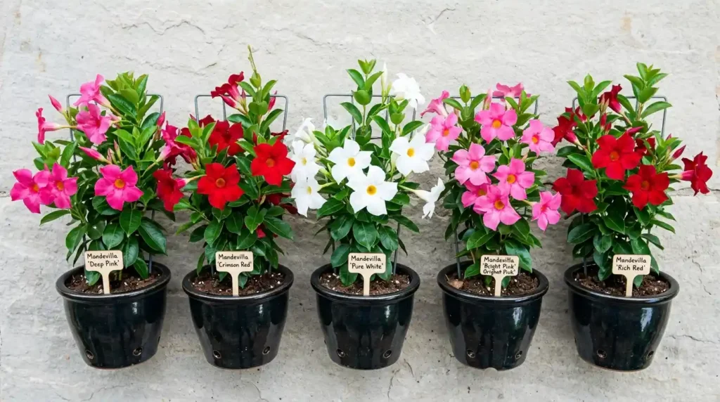 Five mandevilla plant varieties displayed side by side showing pink, red, white and crimson trumpet-shaped blooms