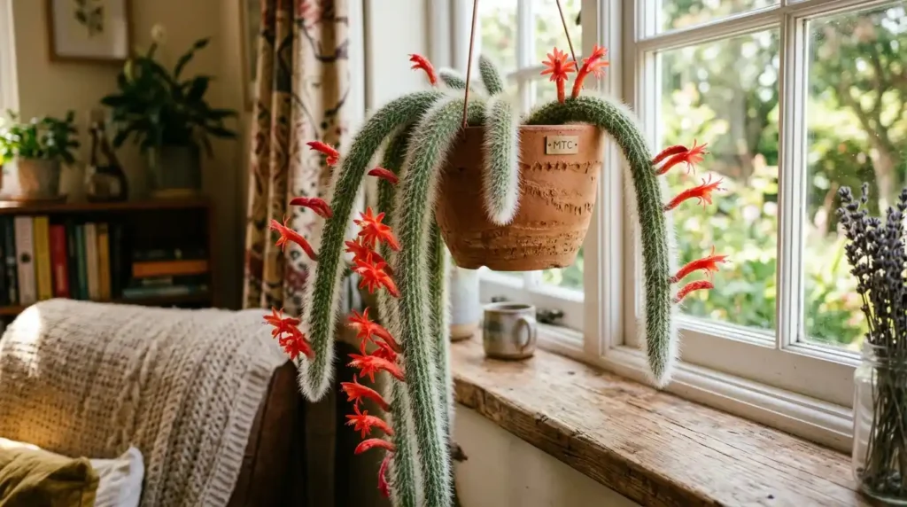 Trailing cactus with soft white fuzzy spines and vibrant red-orange tubular flowers on a sunny windowsill