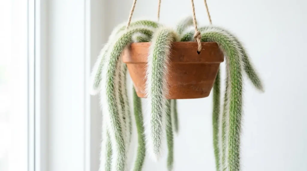 Monkey tail cactus with long fuzzy white stems in a hanging terracotta pot