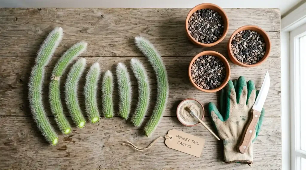 Monkey tail cactus stem cuttings laid out before propagation with gardening tools