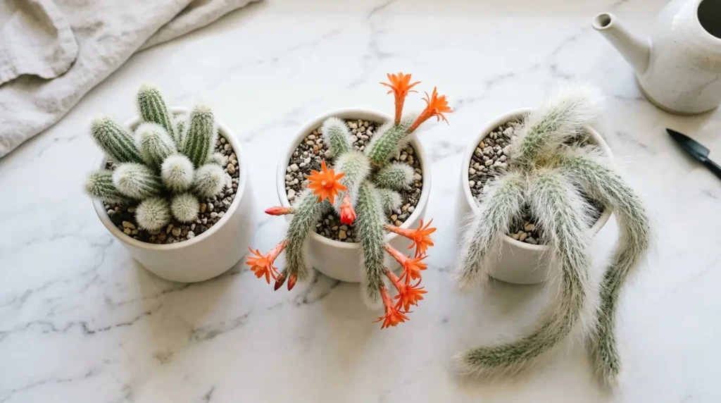 Three monkey tail cactus varieties in white pots showing differences in spine density and trailing habit