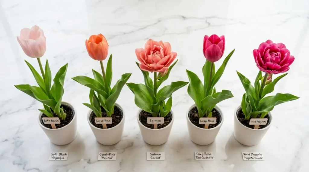 Five different pink tulip varieties displayed in small white pots indoors showing blush, coral, rose and magenta bloom types