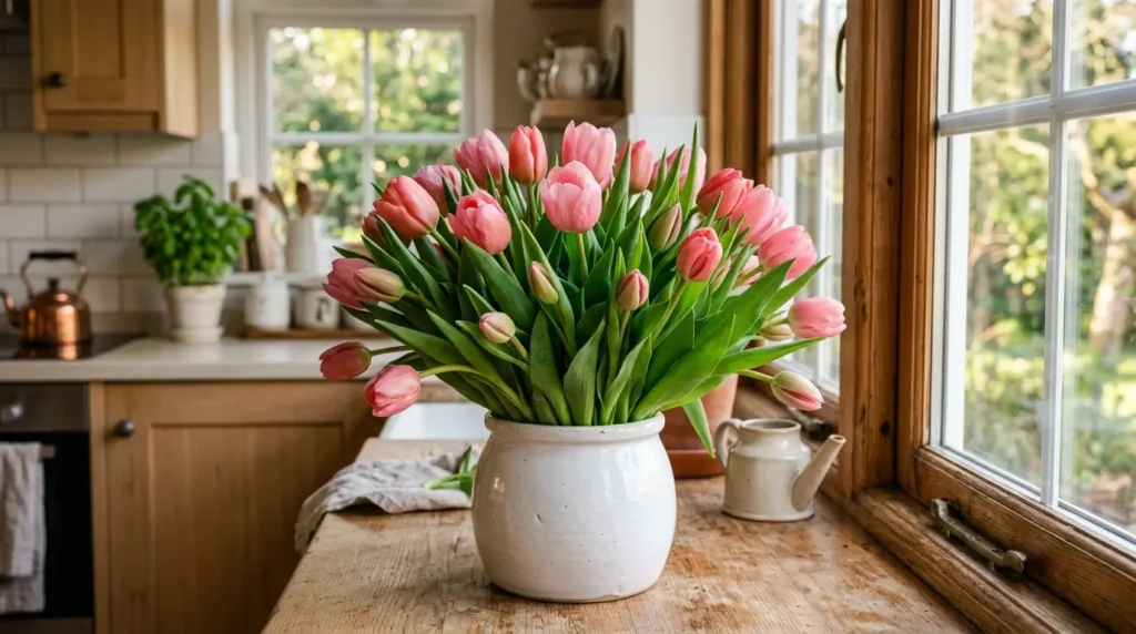Lush bunch of real pink tulips in a white ceramic pot on a sunny indoor windowsill