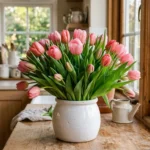 Lush bunch of real pink tulips in a white ceramic pot on a sunny indoor windowsill