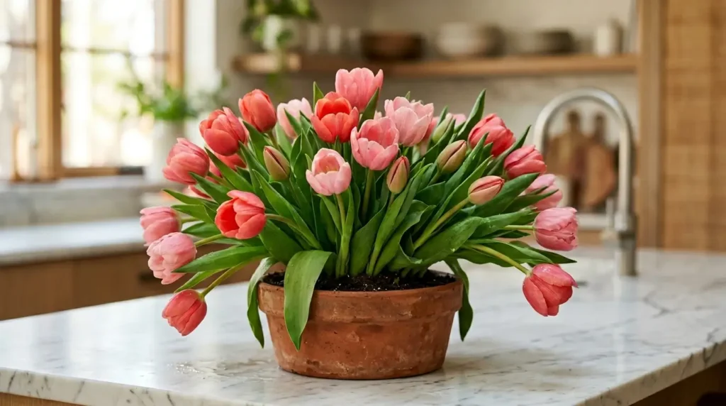 Fresh pink tulips in a terracotta pot on a white marble kitchen countertop indoors