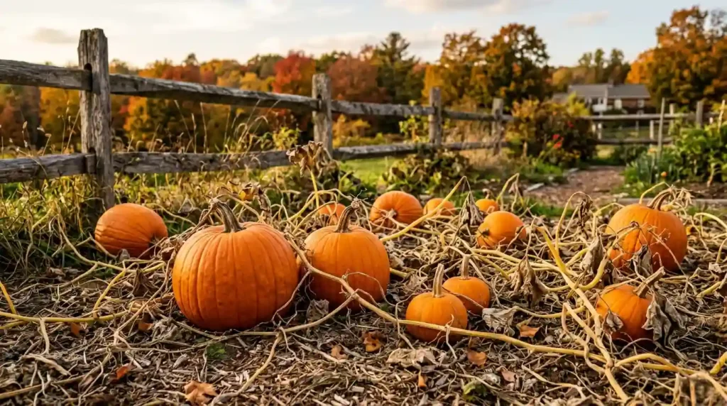 Five different pumpkin varieties displayed together including classic orange, white, and flat ribbed types